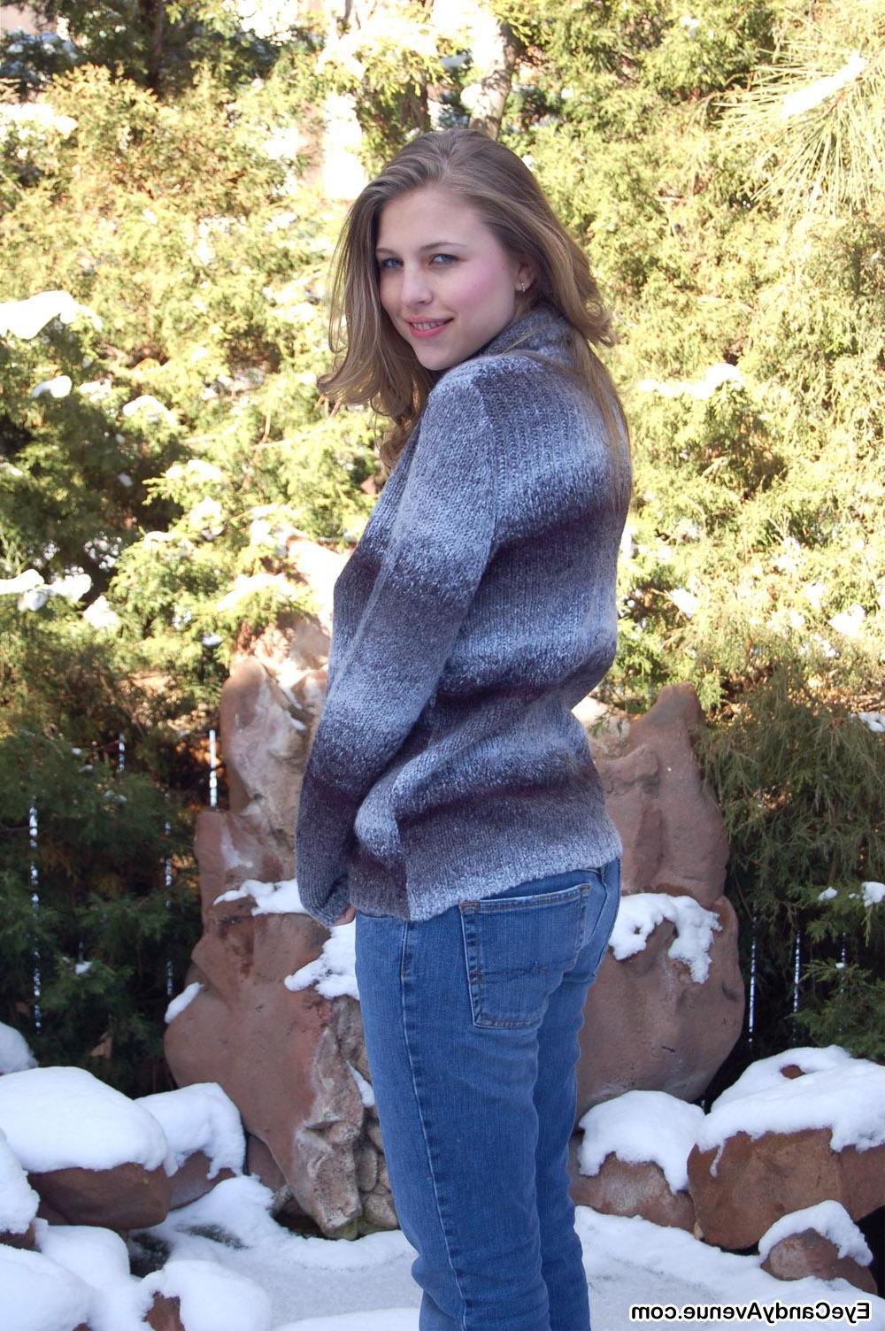 16P Busty blonde teen Gemini's nipples get hard out in the cold