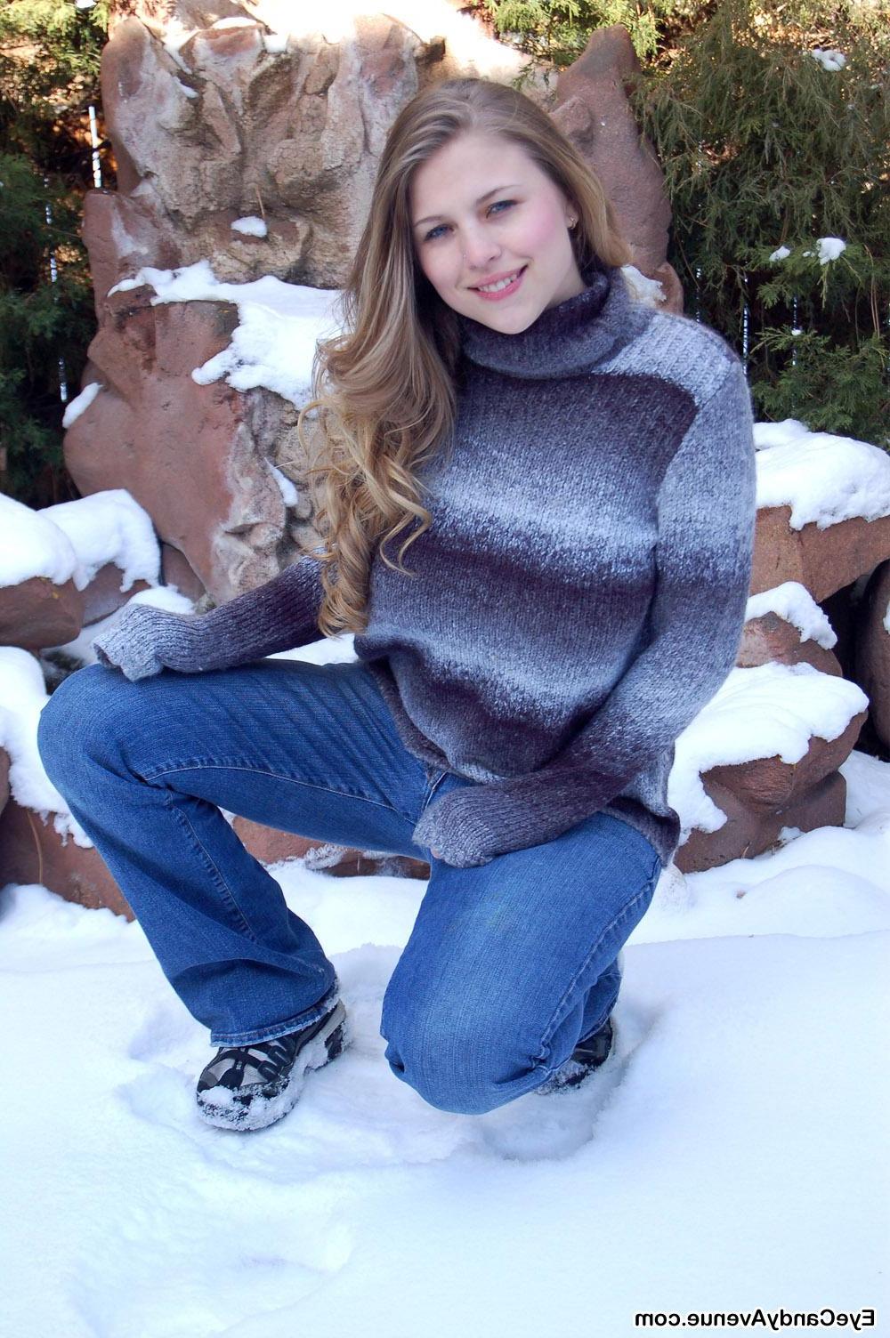 16P Busty blonde teen Gemini's nipples get hard out in the cold