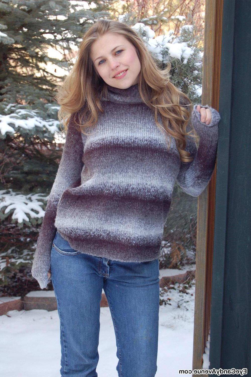 16P Busty blonde teen Gemini's nipples get hard out in the cold