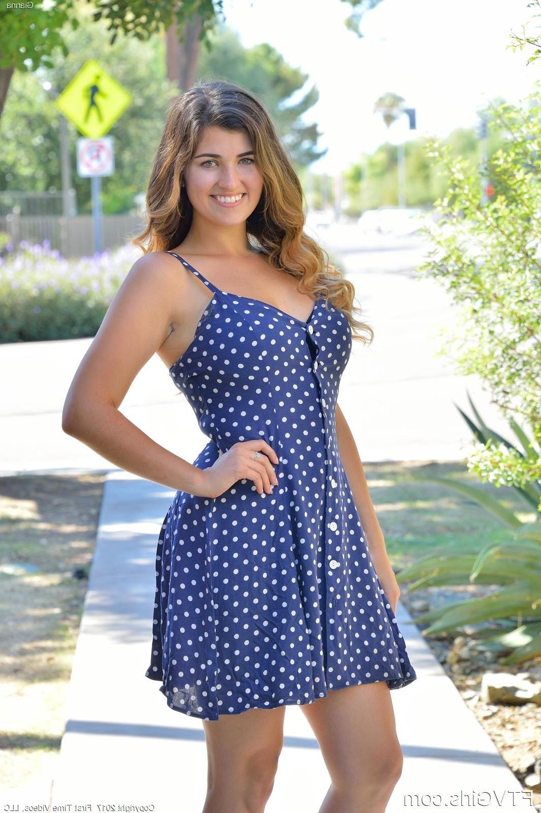 16P Busty brunette hottie Gianna shows you what's up her dress in "Pretty Dog Walker"