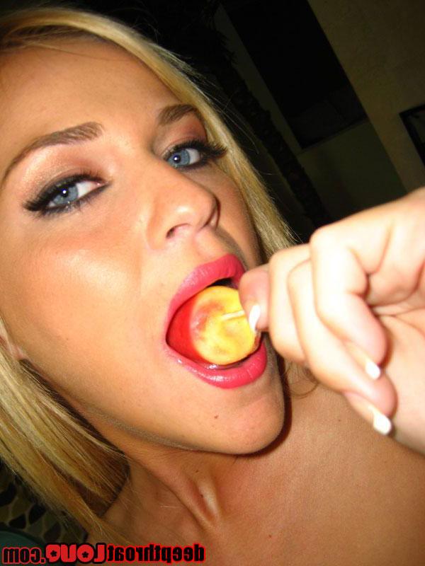 16P Pretty blonde girl McKenzie Miles perfecting oral sex technique with food