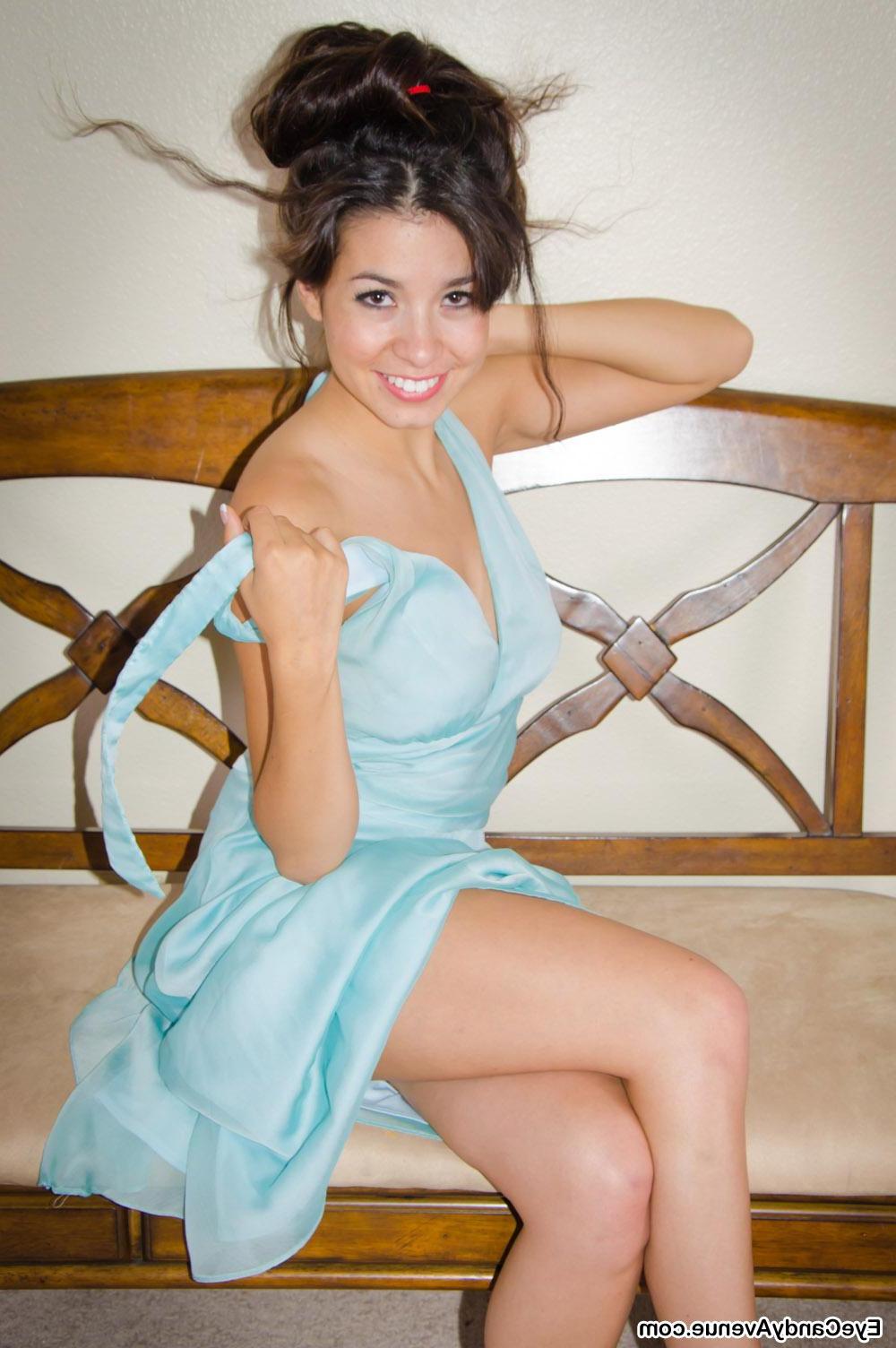 16P Josie Ann shows off her amazing tits in a vintage blue dress