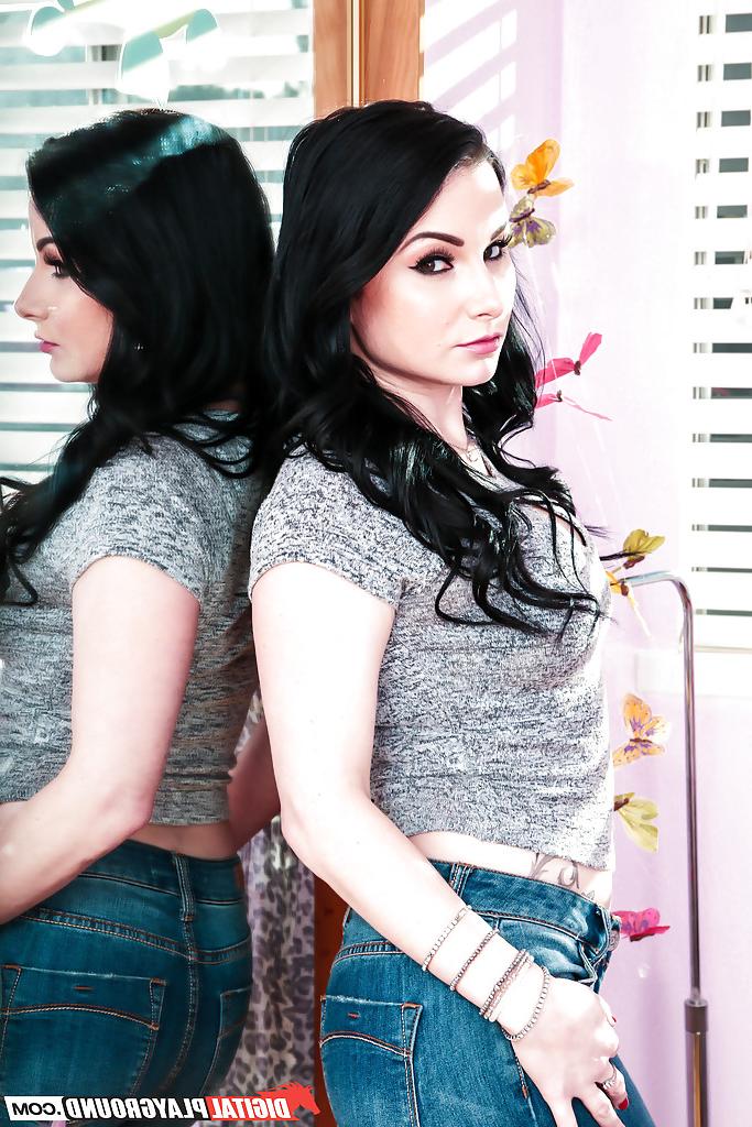 16P Tattooed brunette teen Aria Alexander baring big boobs under bra in panties