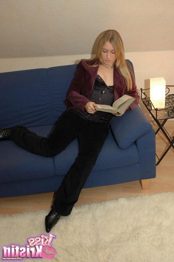 12P Blonde teen gets turned on by her book and starts stripping