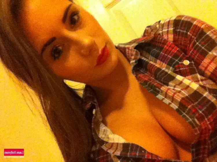 12P Laura Hollyman pulls off her checked shirt to expose her big round boobies
