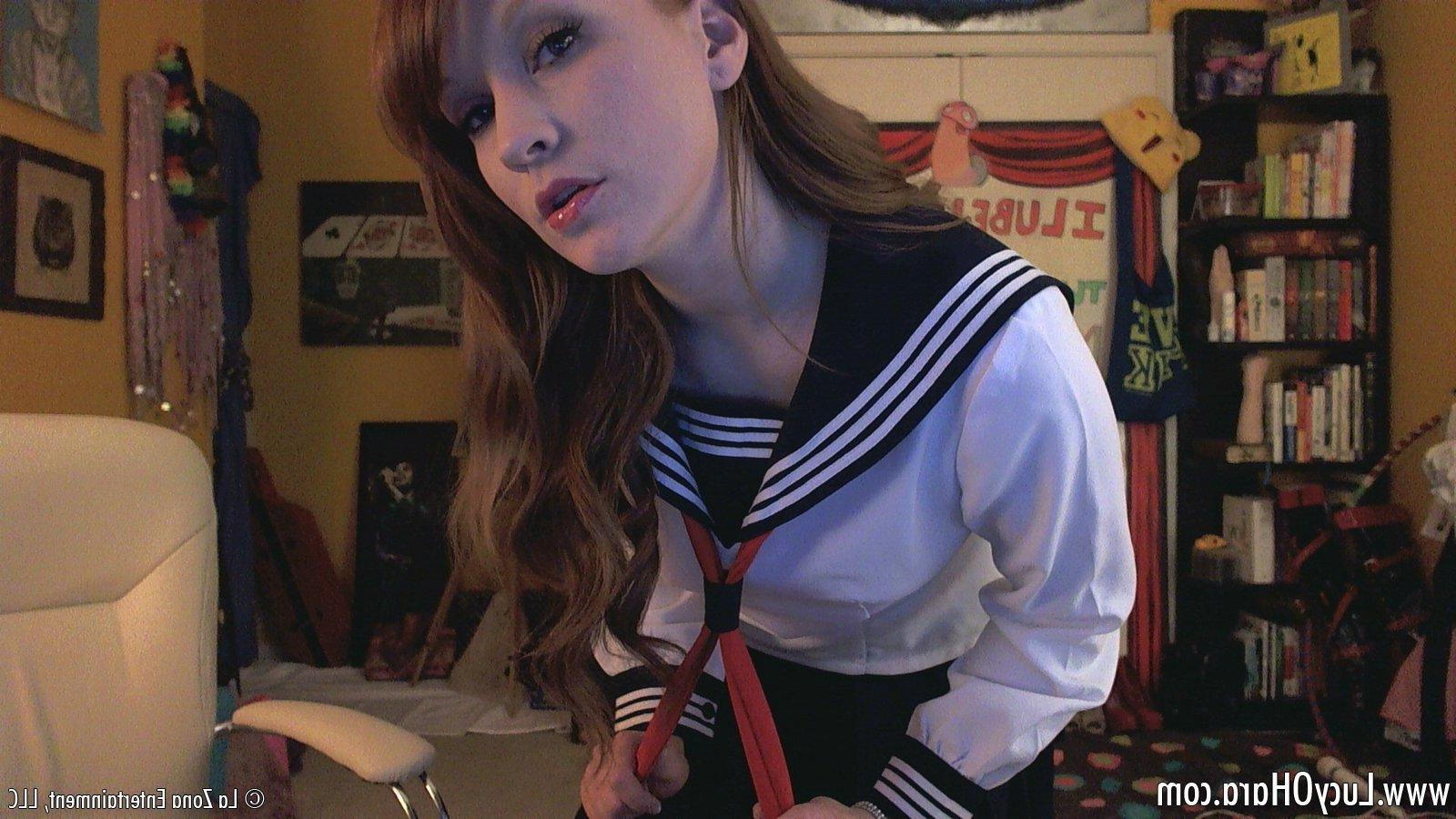 15P Lucy Ohara shows off her sailor schoolgirl outfit and masturbates on her webcam