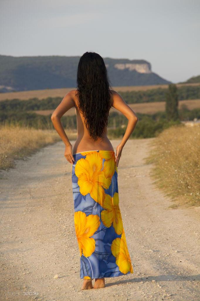 16P Brunette beauty Macy B strips completely naked on an open road