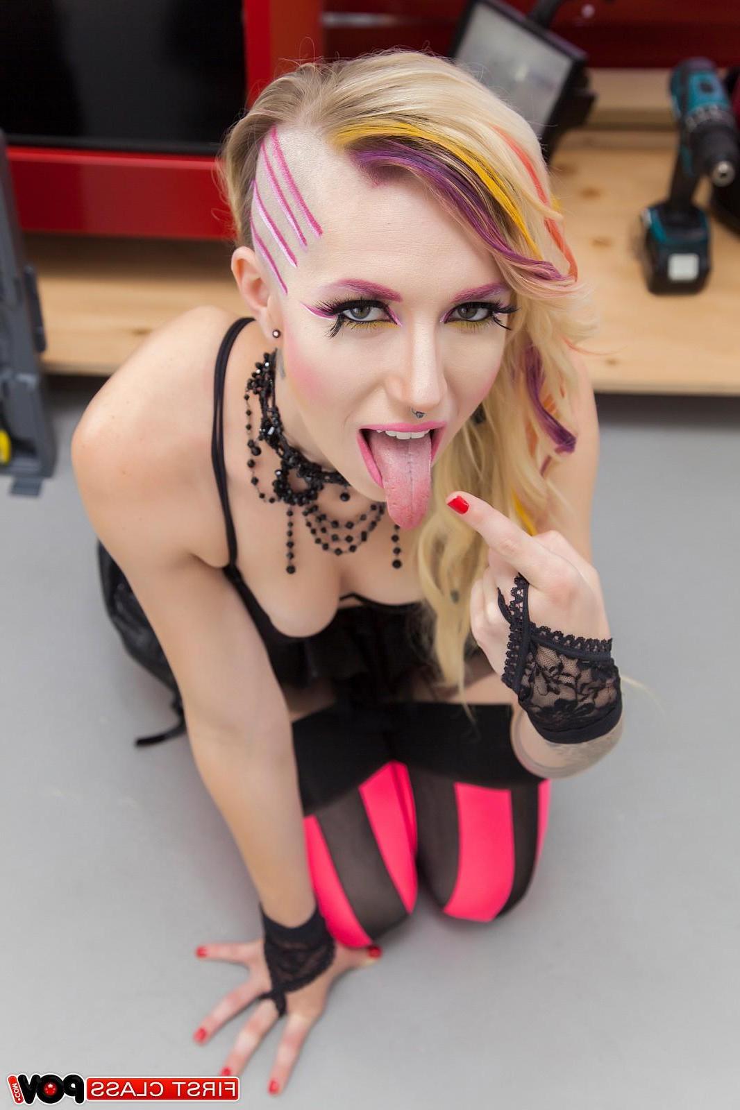 15P Blonde punk girl Maia Davis gets on her knees to suck a hard cock