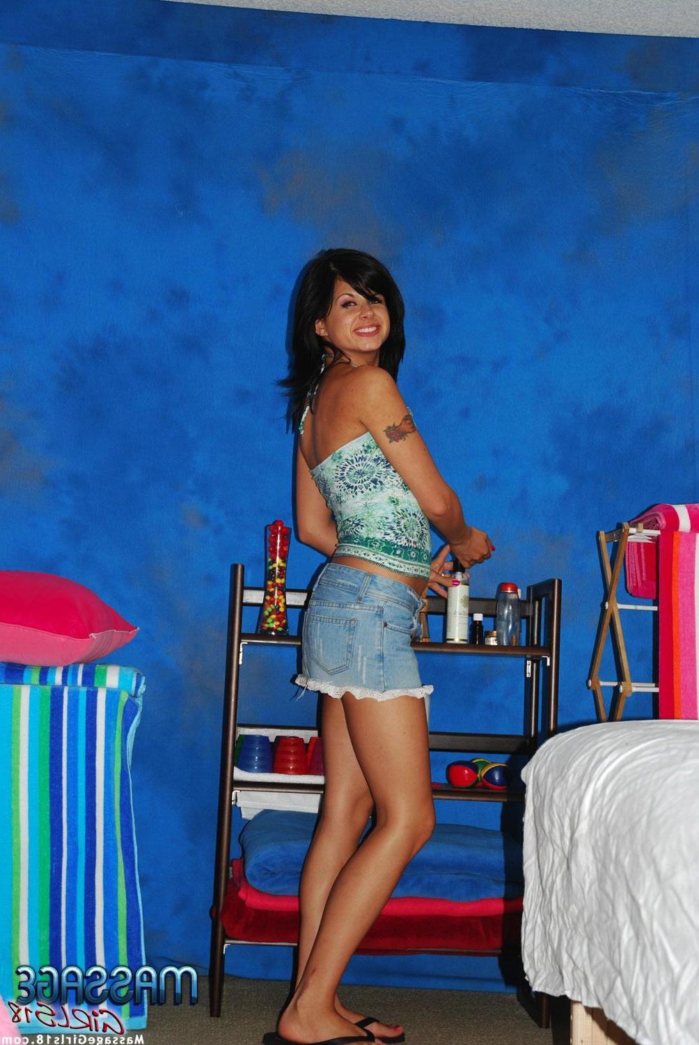 15P Pictures of brunette teen Marina giving a massage followed by a hard fuck