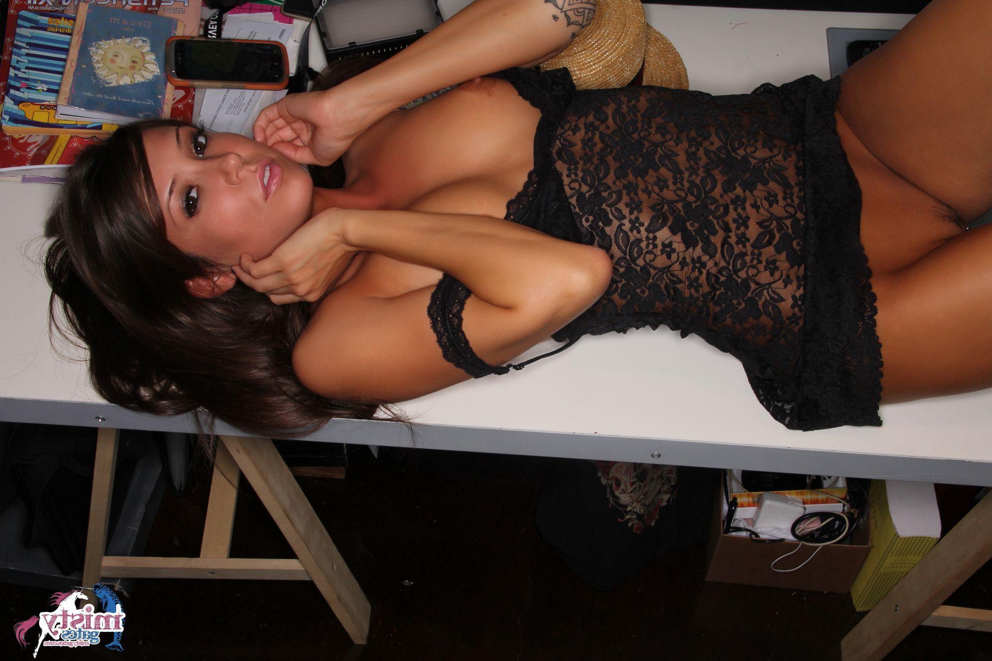 20P Pictures of Misty Gates stripping at her desk