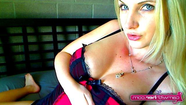 12P Busty blonde girl Natalie Nice does a webcam show in a red corset