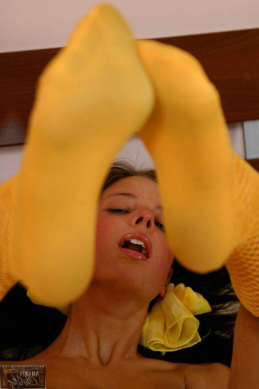 15P Pictures of Naughty Christine toying her tight teen pussy