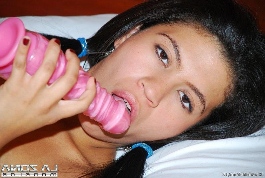15P Nicole is tiny and rides a huge pink dick toy
