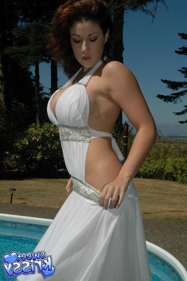 12P Busty hottie Krissy busts out of her white dress by the pool