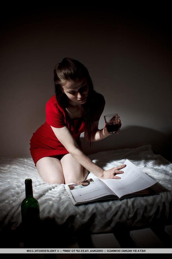 16P Brunette girl Izabella H sips some wine while fondling her pussy