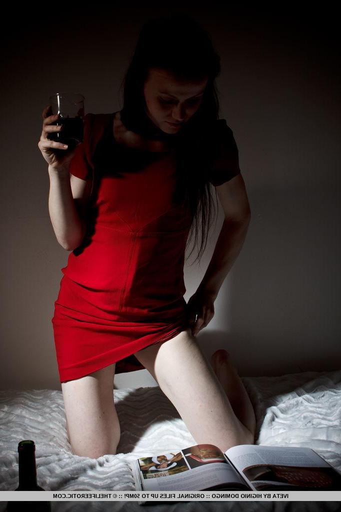 16P Brunette girl Izabella H sips some wine while fondling her pussy