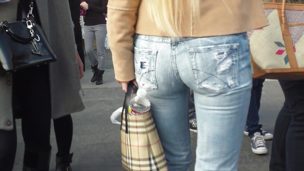 25P Blonde teen ass & butt in tight blue jeans
