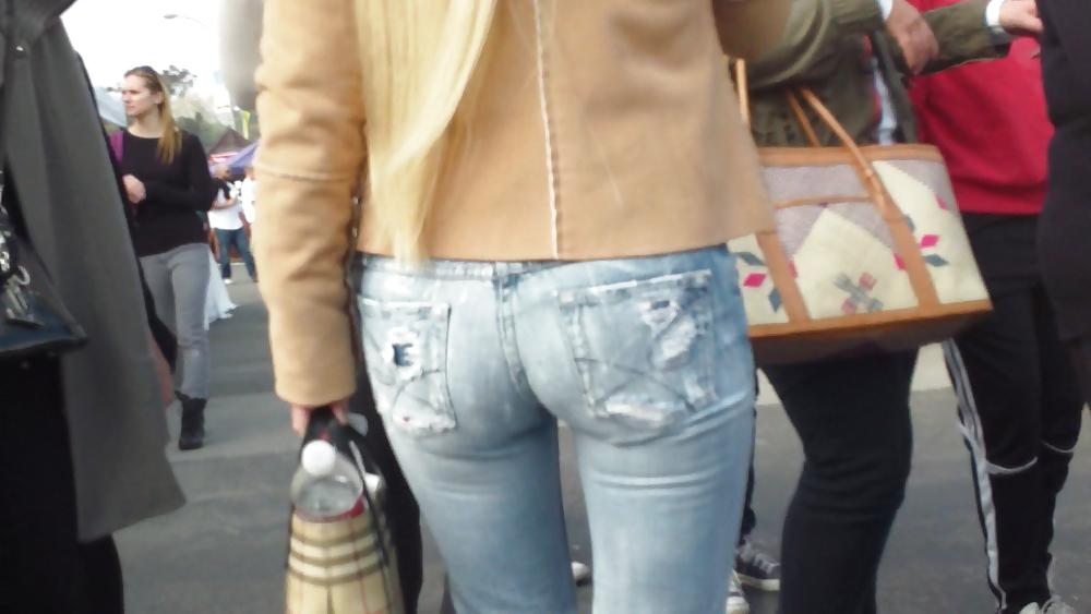 25P Blonde teen ass & butt in tight blue jeans