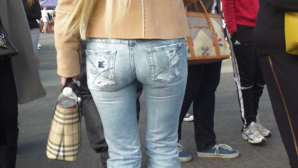 25P Blonde teen ass & butt in tight blue jeans