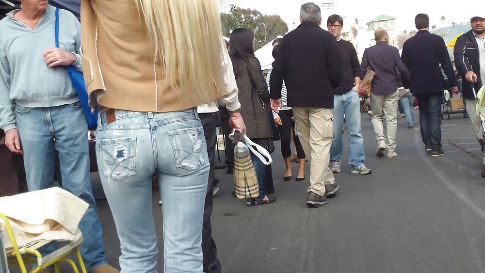 25P Blonde teen ass & butt in tight blue jeans