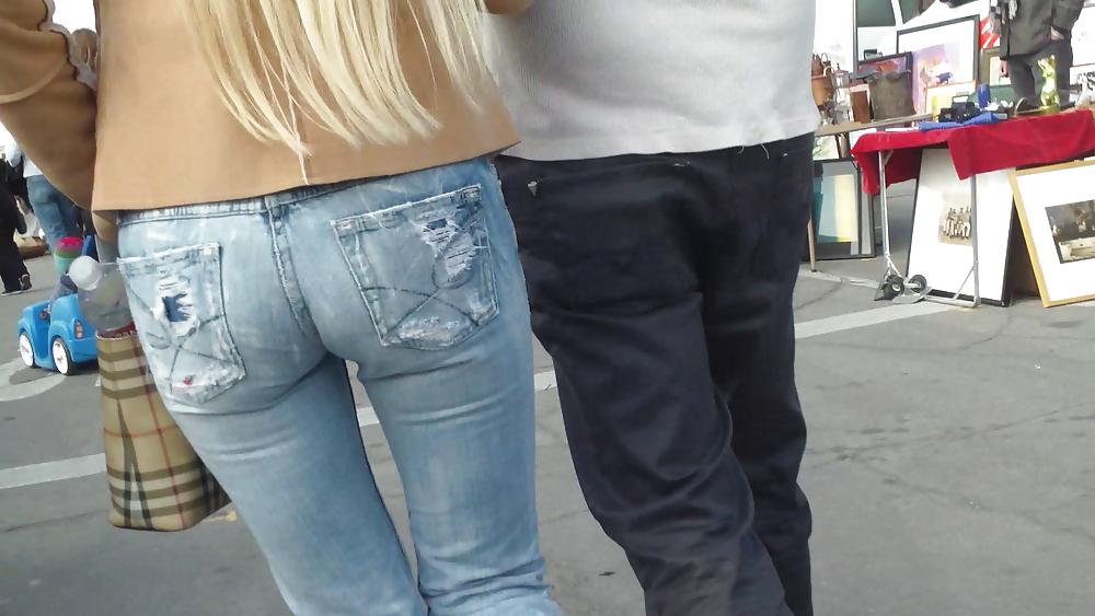 25P Blonde teen ass & butt in tight blue jeans