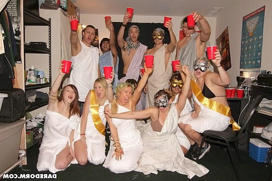 12P Toga party sluts get drunk and get fucked roman style