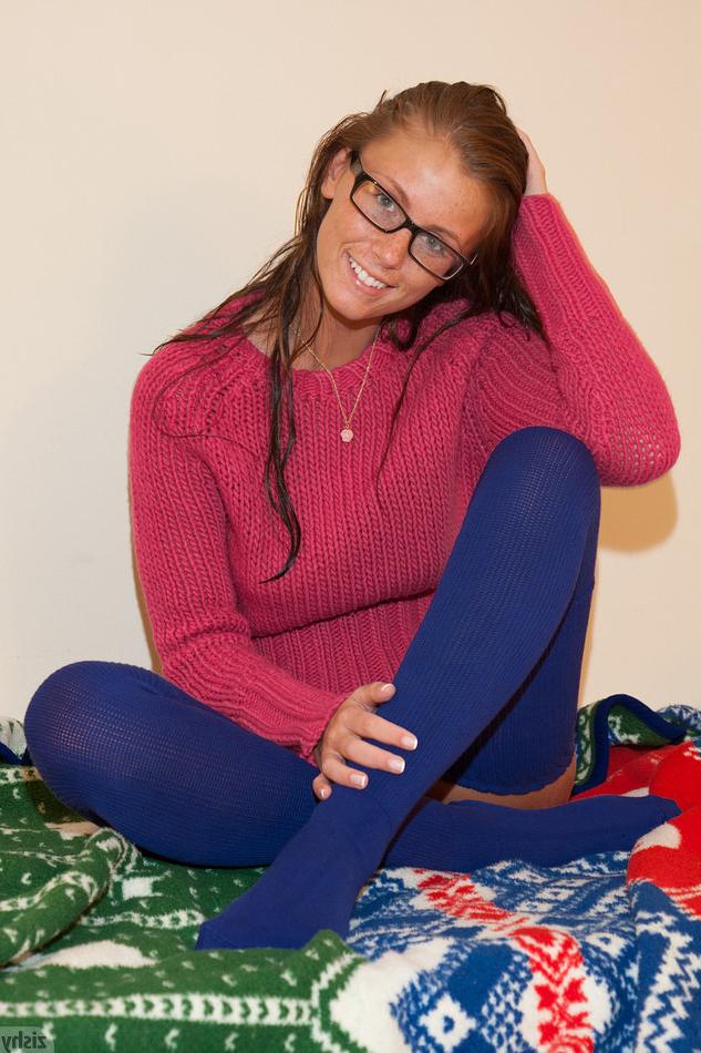 16P Busty freckled teen girl in glasses licking her boobie