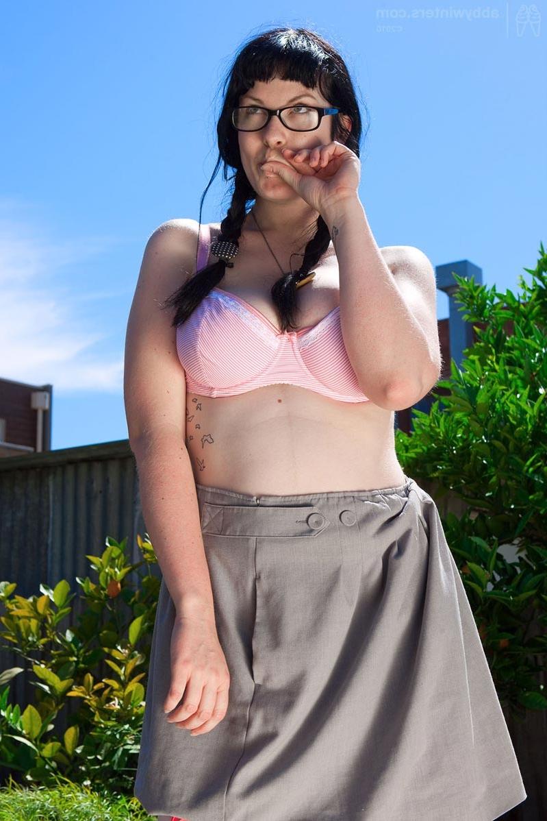 15P Horny natural nerdy chick in the backyard