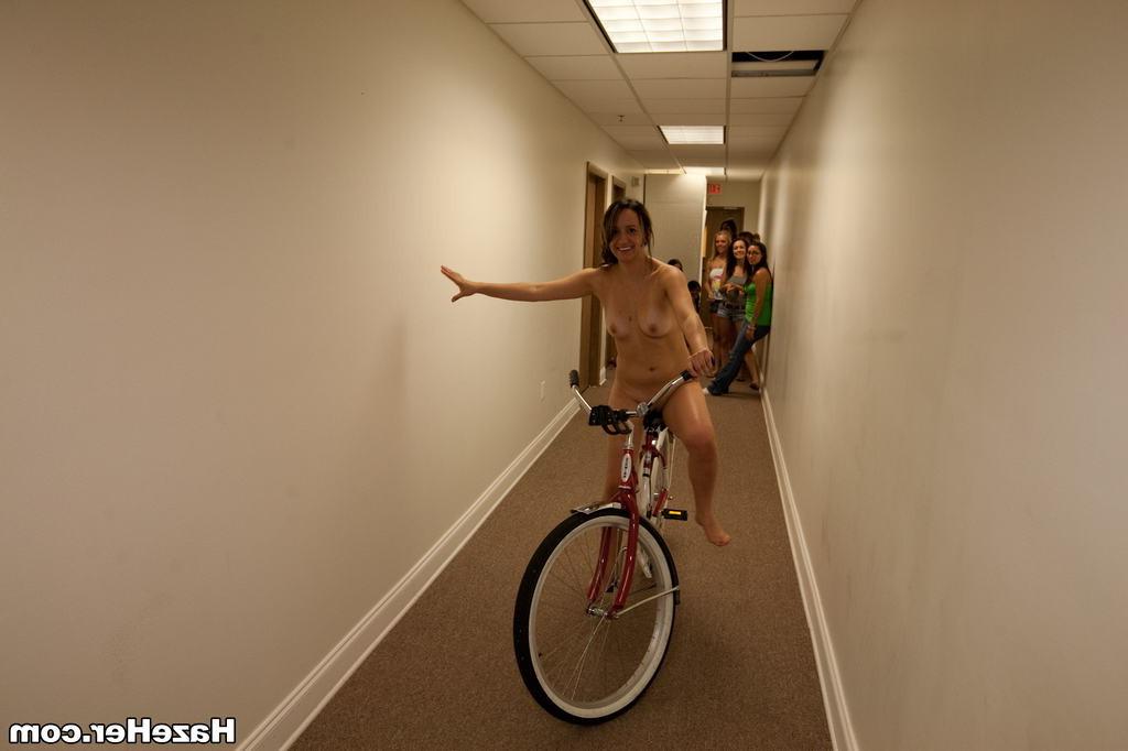 15P Group of naked college teen lesbians riding bikes