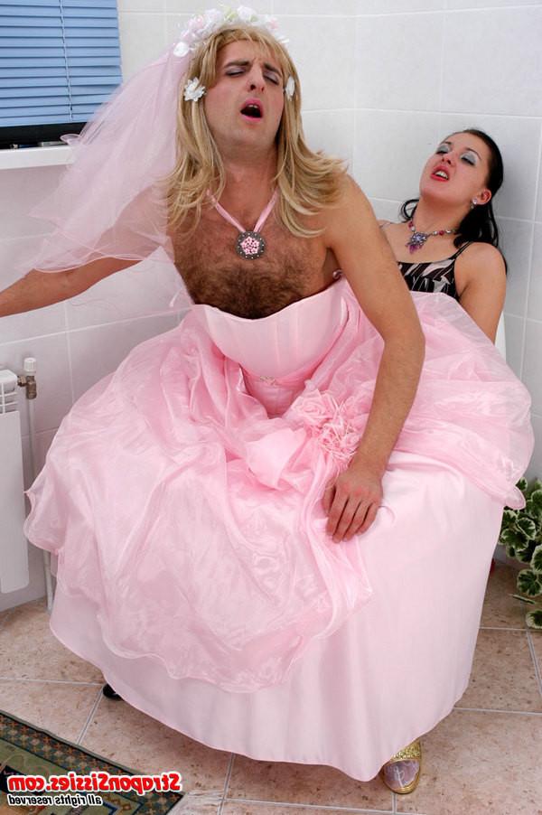 20P Lusty mistress with strapon fucking sissy guy in wedding gown