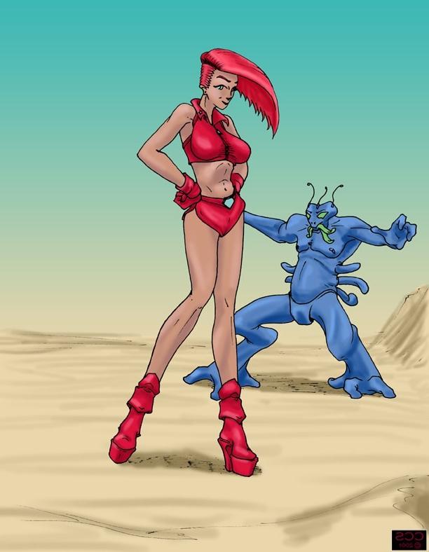 12P A redheaded fighter takes on two unknown creatures