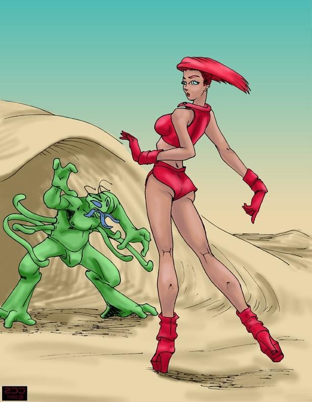 12P A redheaded fighter takes on two unknown creatures