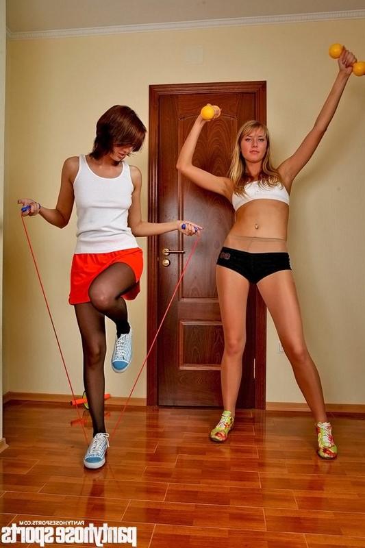 15P Two hot girls in pantyhose workout