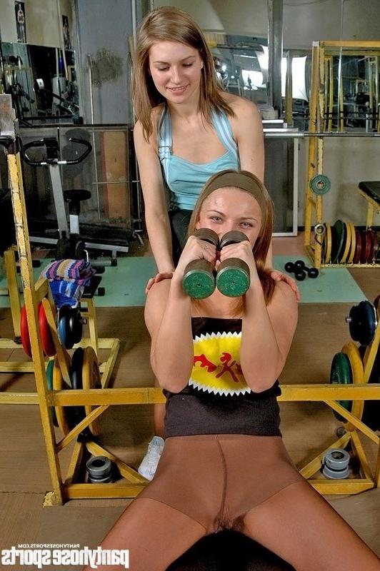 15P Two angels in pantyhose exercising in gym