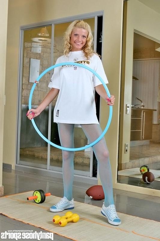 15P Hot blonde Miranda exercises in blue pantyhose