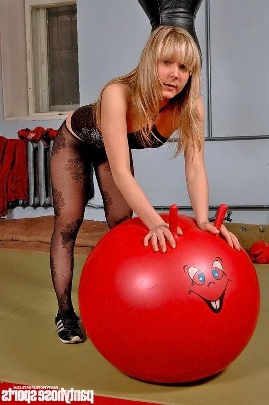 15P Exercising blond in black fashion pantyhose