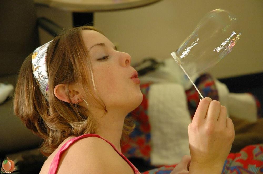 16P Teen strips out of pajamas and blows bubbles on her big titties