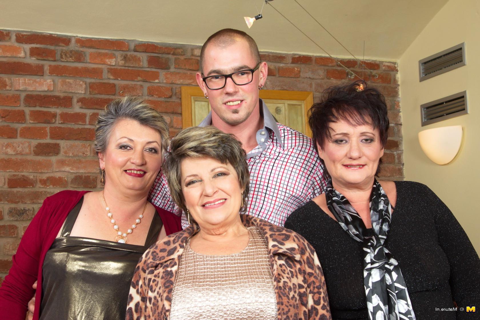 16P Three mature ladies playing around with one lucky guy
