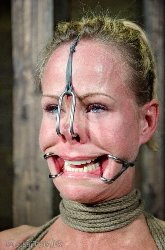 15P Simone Sonay blonde is rope tied down her pussy toyed by lezdom