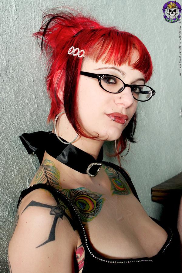 15P Goth strips down librarian glasses black stockings