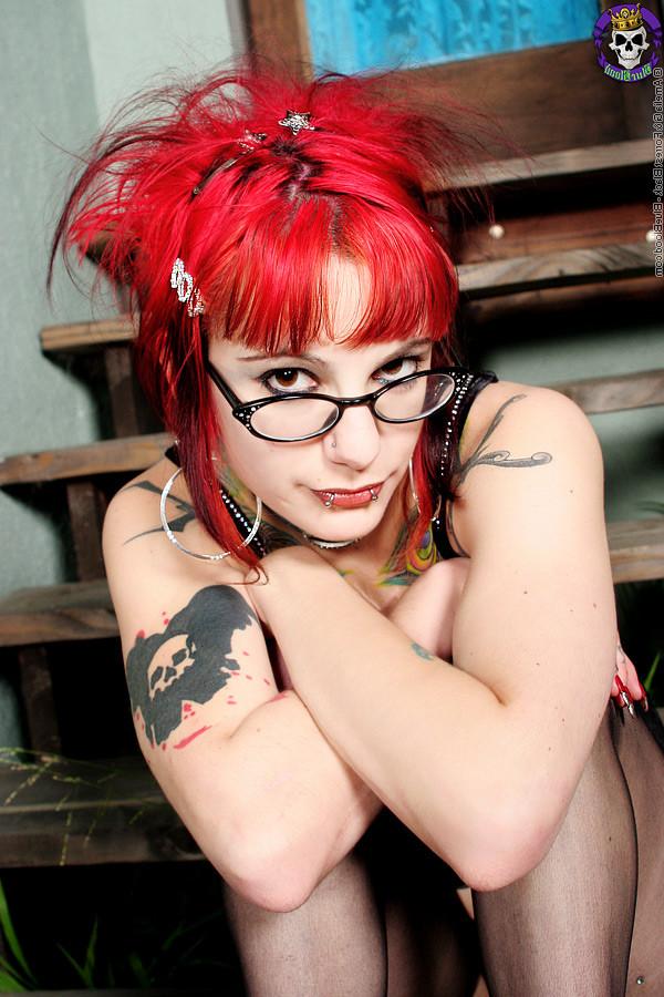 15P Goth strips down librarian glasses black stockings