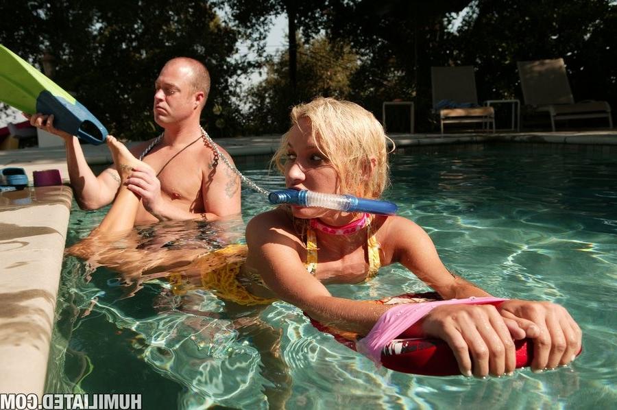 16P Addison Cain put on a chain by her guy in a pool