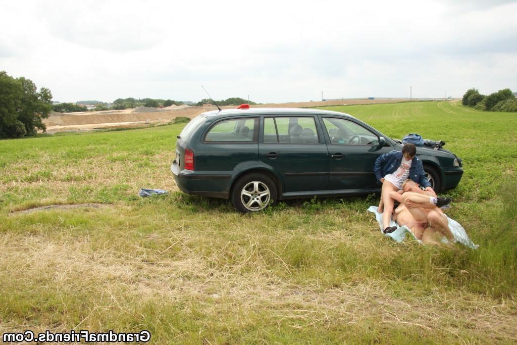 16P Two dudes fuck a naughty granny outdoors and she takes all the c
