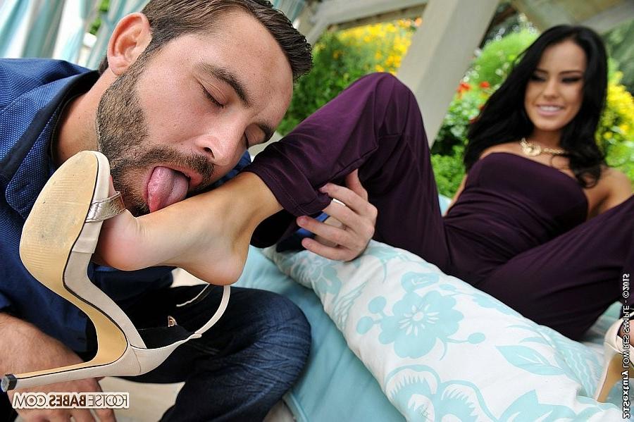 16P Megan Rain strips purple onesuit and high heels and feet fucks horny guy to cums