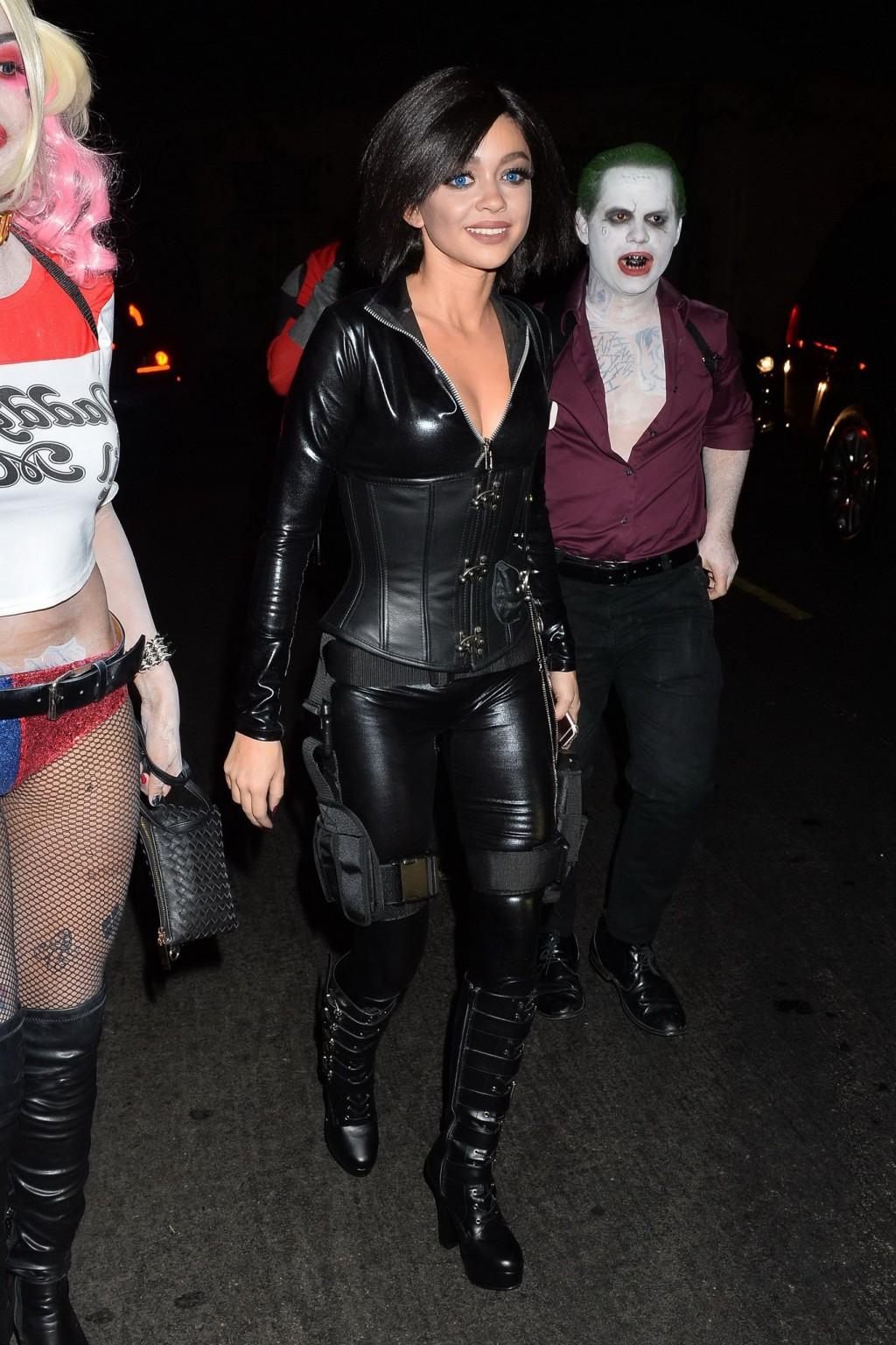 16P Sarah Hyland stunning in tight black leather for Halloween