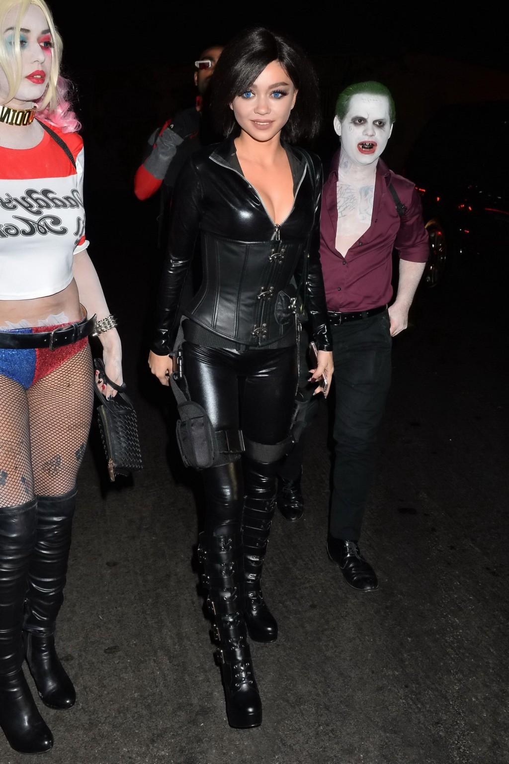 16P Sarah Hyland stunning in tight black leather for Halloween