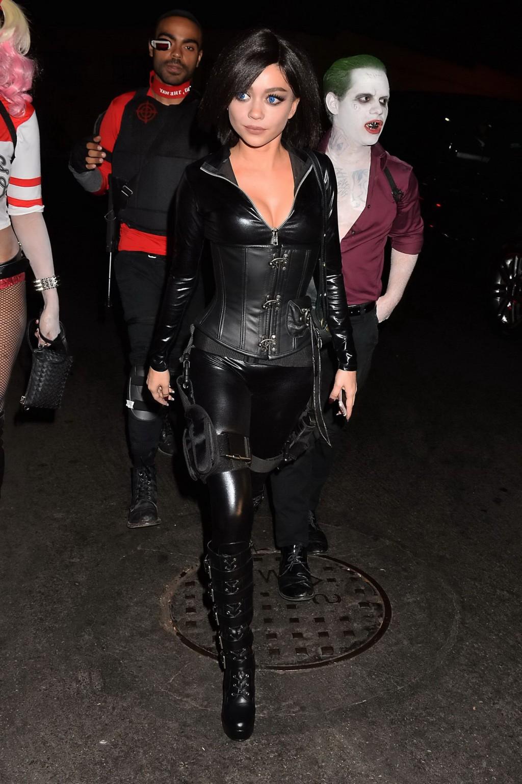 16P Sarah Hyland stunning in tight black leather for Halloween