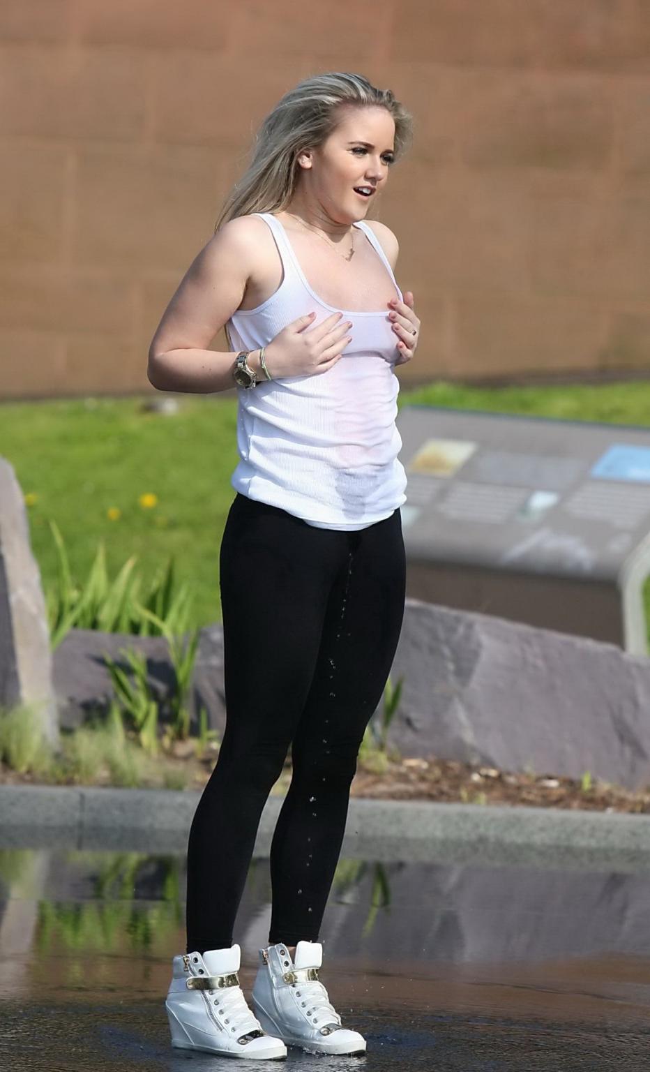 16P Rachel Rhodes shows off her boobs braless in wet see through top out in Liverpoo