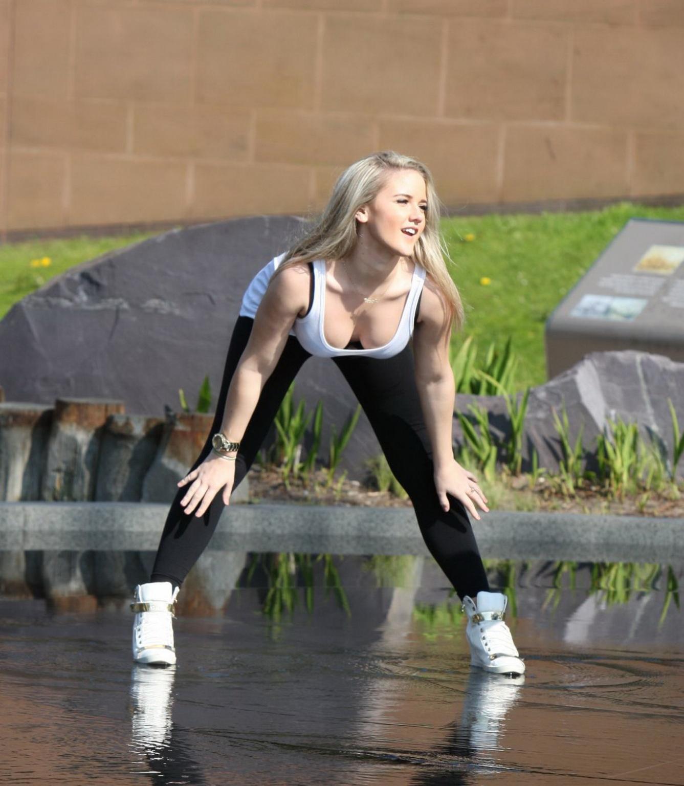 16P Rachel Rhodes shows off her boobs braless in wet see through top out in Liverpoo