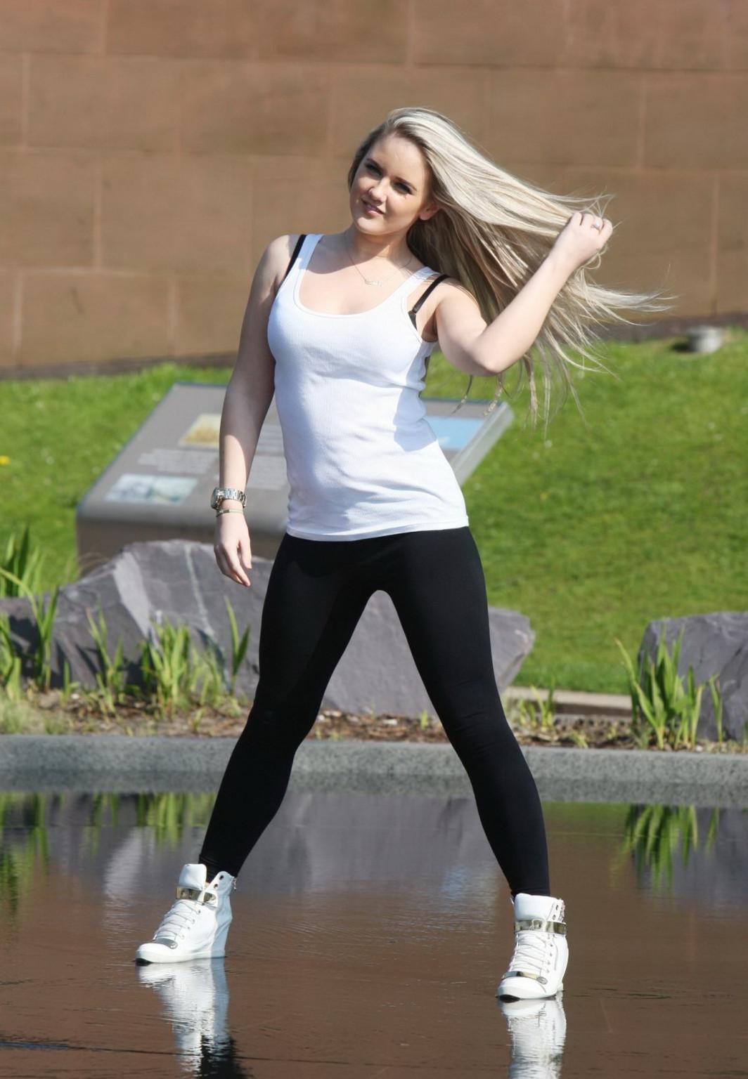 16P Rachel Rhodes shows off her boobs braless in wet see through top out in Liverpoo